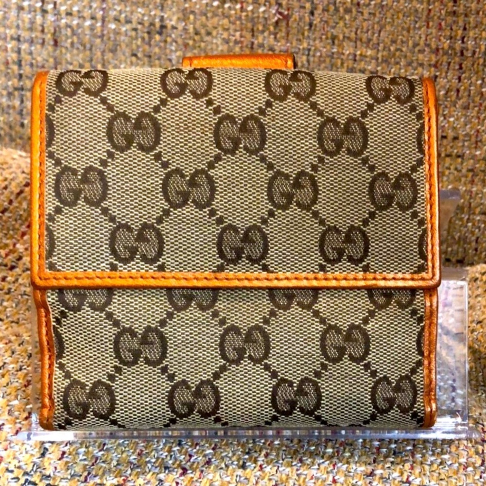 GUCCI GG Monogram Orange Leather Tan Canvas Trifold Wallet Vintage AUTHENTIC